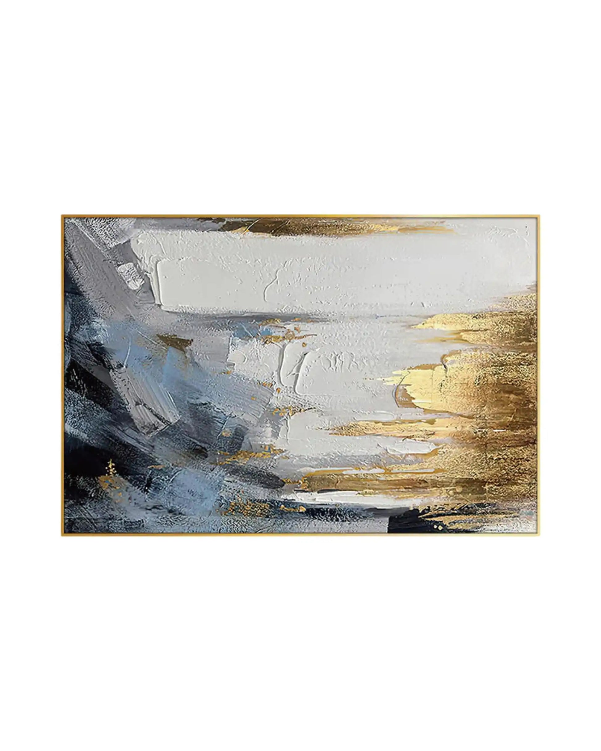 Canvas print featuring a modern abstract design with a printed heavy palette knife texture, showing layered blocks of navy blue, grey, and thick white paint strokes highlighted by gold-colored accents.