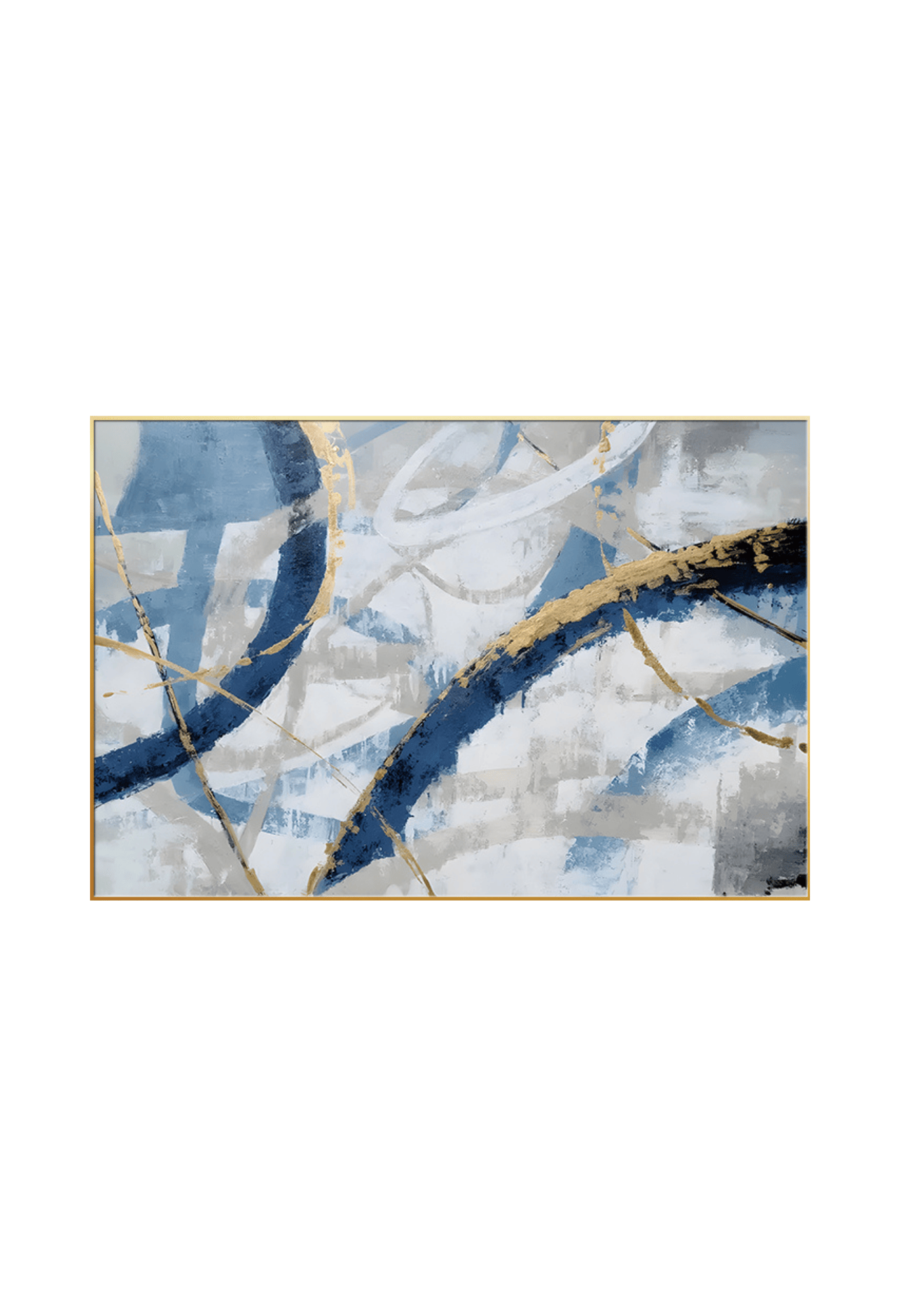 An 80x120 cm blue and gold abstract canvas print wall art panel depicting minimalist sweeping navy blue swirls, grey background lines, and flat yellow gold details for modern living room decor.