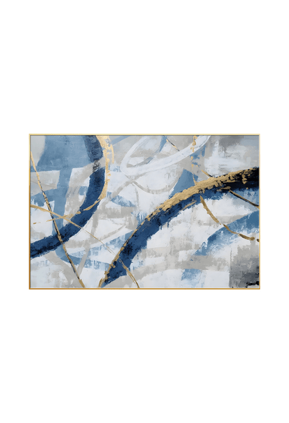 An 80x120 cm blue and gold abstract canvas print wall art panel depicting minimalist sweeping navy blue swirls, grey background lines, and flat yellow gold details for modern living room decor.