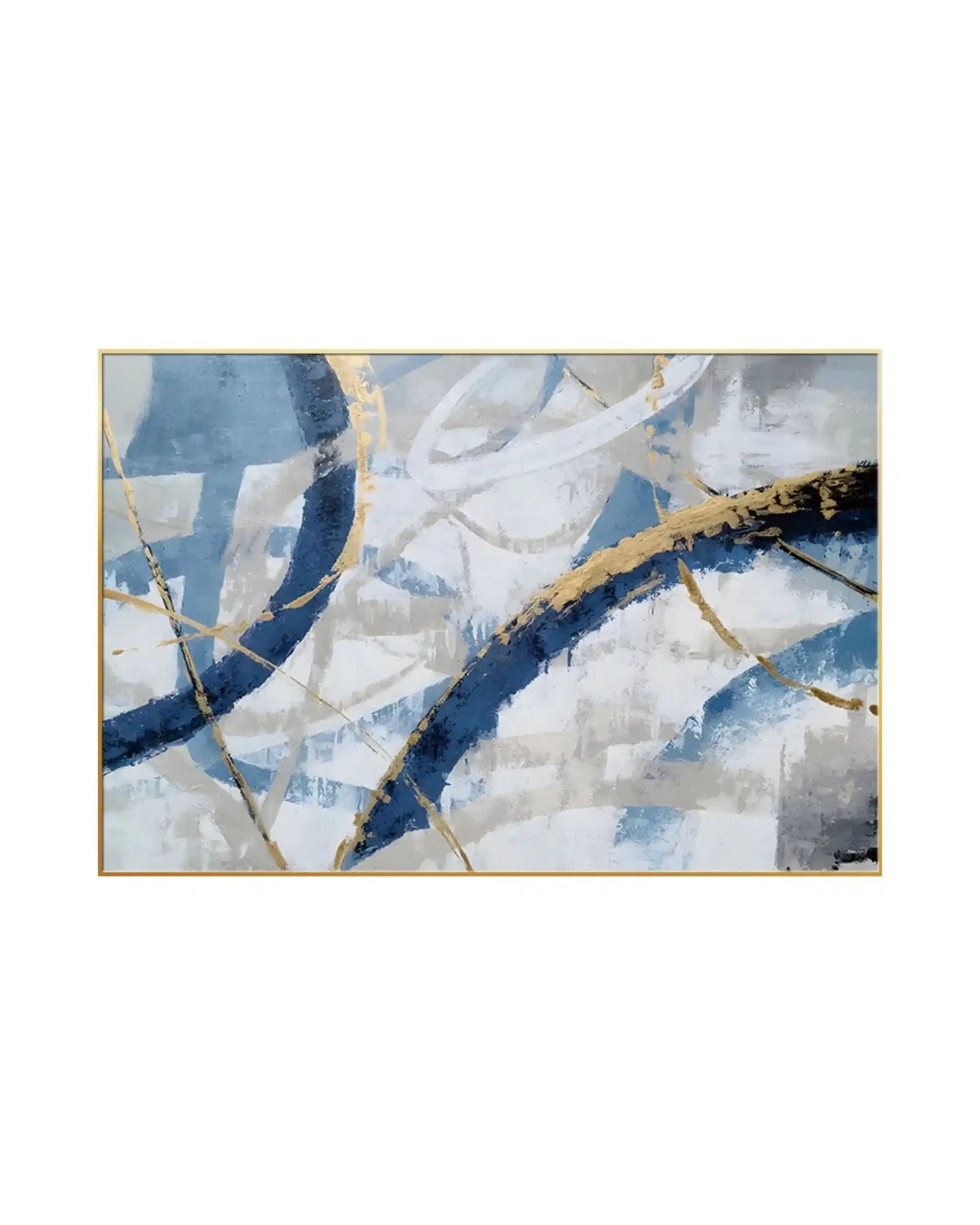 Abstract canvas print featuring sweeping navy blue arches, fluid circular linework, and soft grey background blocks accented by gold-colored textured paths, suitable for vertical or horizontal hanging.