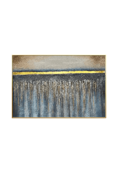 An 80x120 cm blue gold and beige abstract canvas print wall art panel depicting a minimalist bright yellow gold horizontal line over dense vertical blue streaks for modern living room decor.