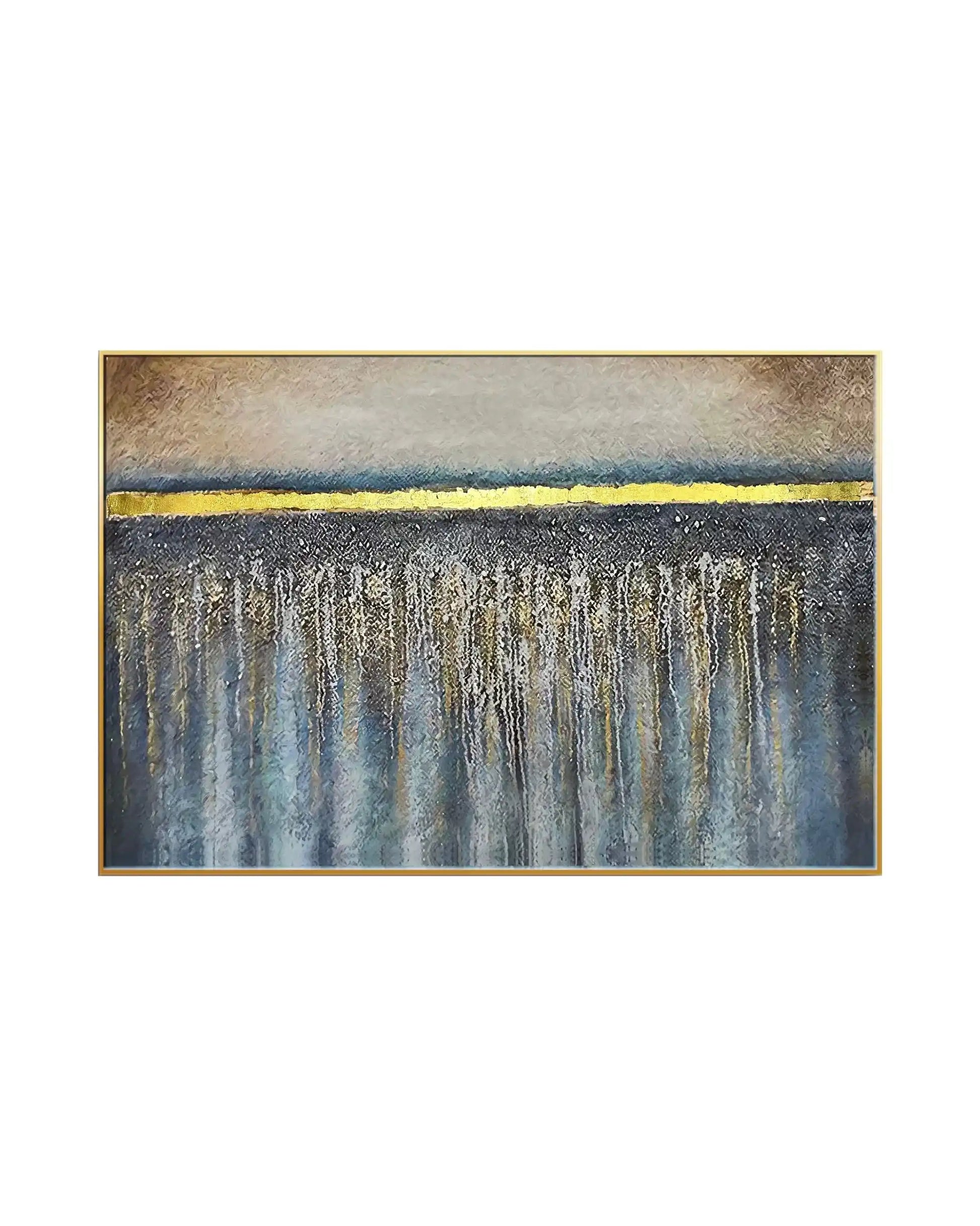 Horizontal canvas print featuring an abstract design with a sharp horizontal gold-colored line separating a beige textured upper field from a dark grey and blue textured lower field with vertical dripping paint effects.