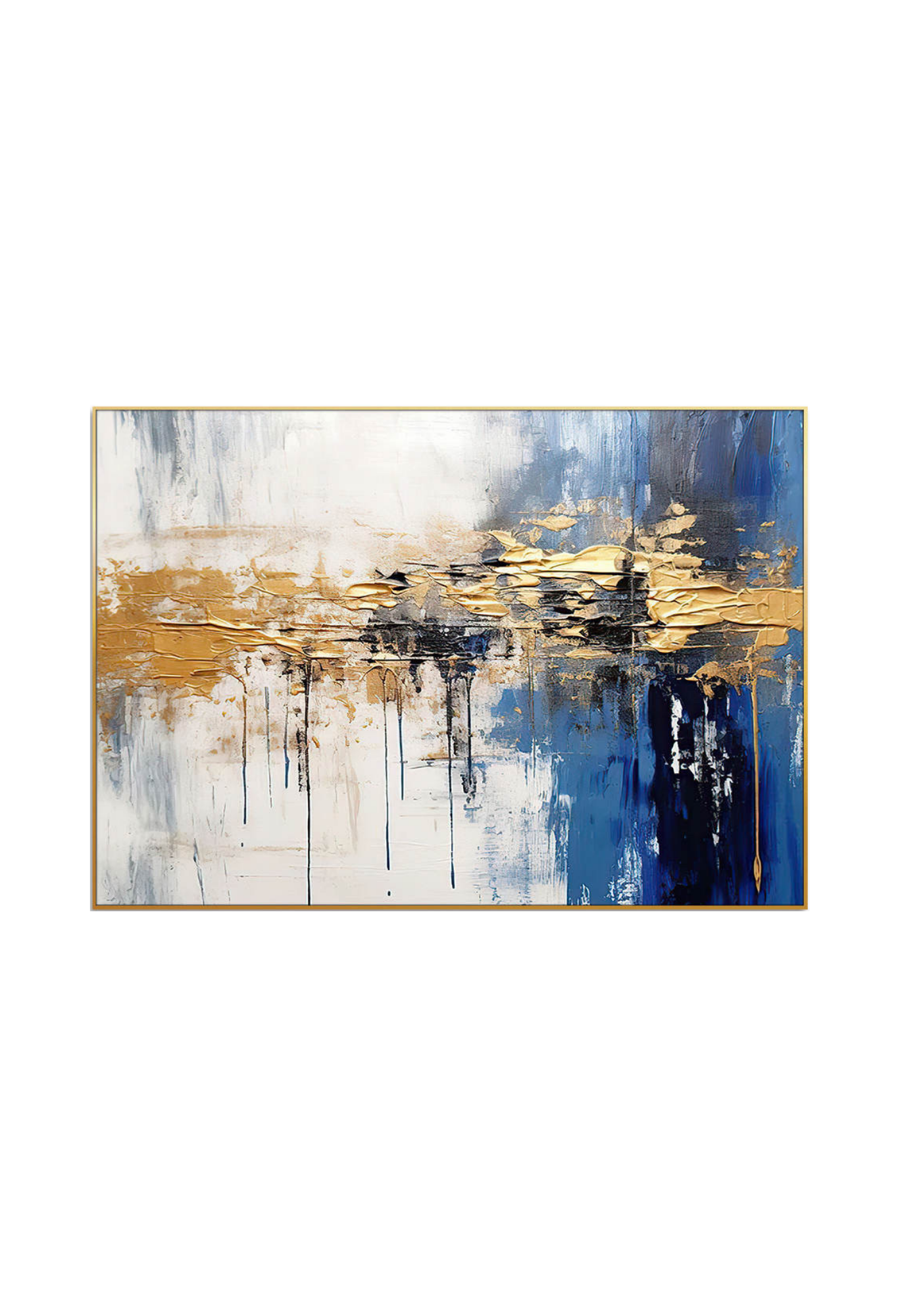 An 80x120 cm blue gold and white abstract canvas print wall art panel depicting minimalist vertical blue drips, a textured white backdrop, and flat yellow gold bands for modern living room decor.
