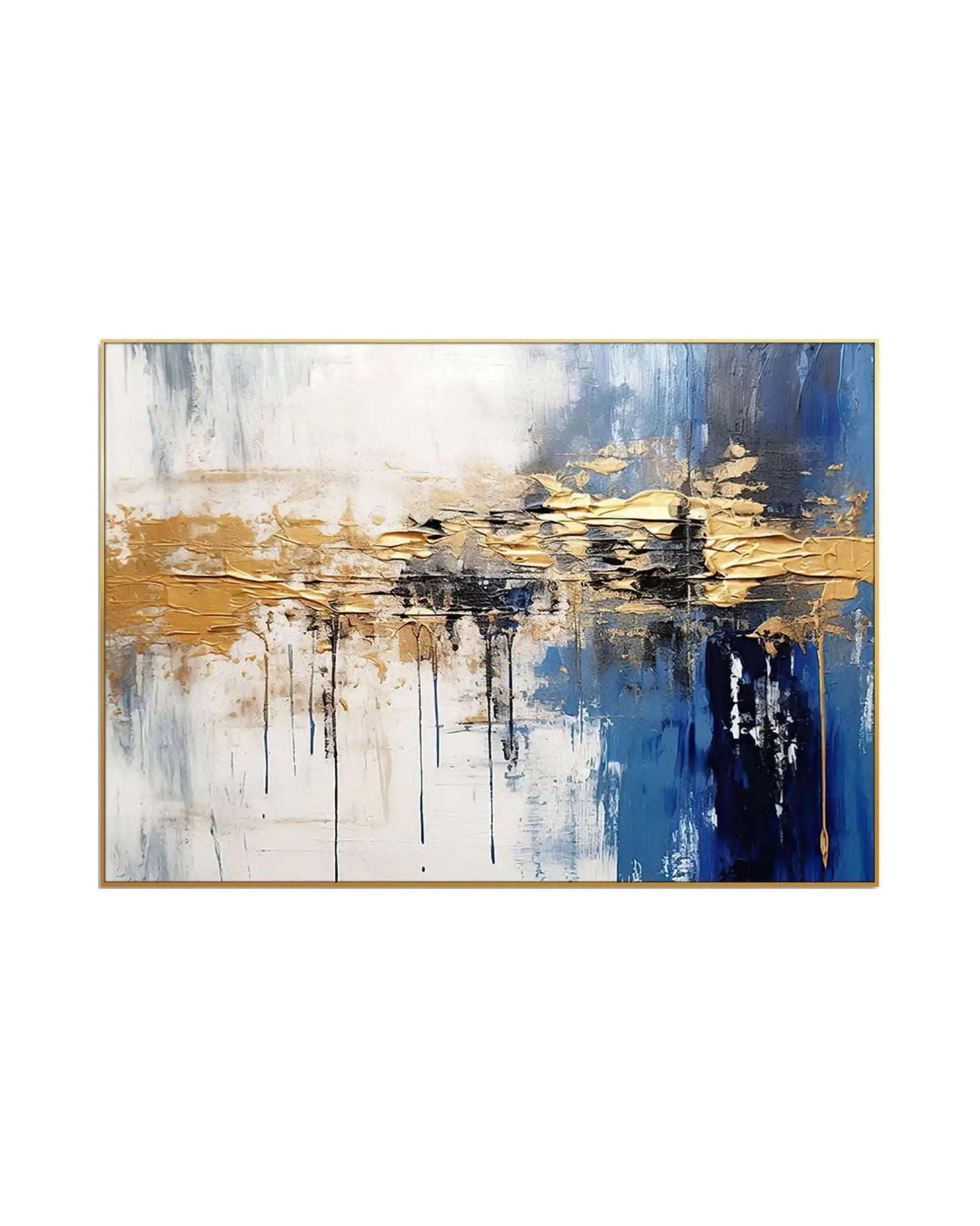 Horizontal canvas print featuring an abstract design with bold navy blue and dark grey brushstrokes, a central gold-colored paint band, and dripping black line details.
