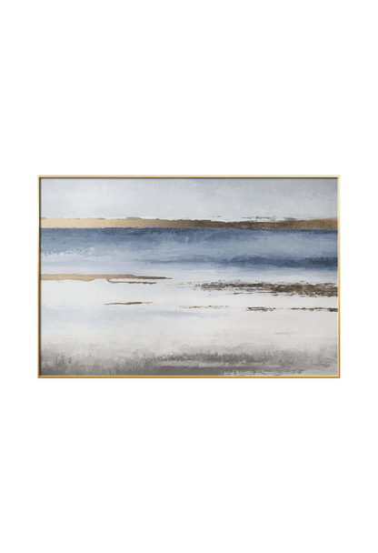An 80x120 cm blue gold and white abstract canvas print wall art panel depicting minimalist horizontal blue bands, soft grey fields, and flat yellow gold accent lines for modern living room decor.