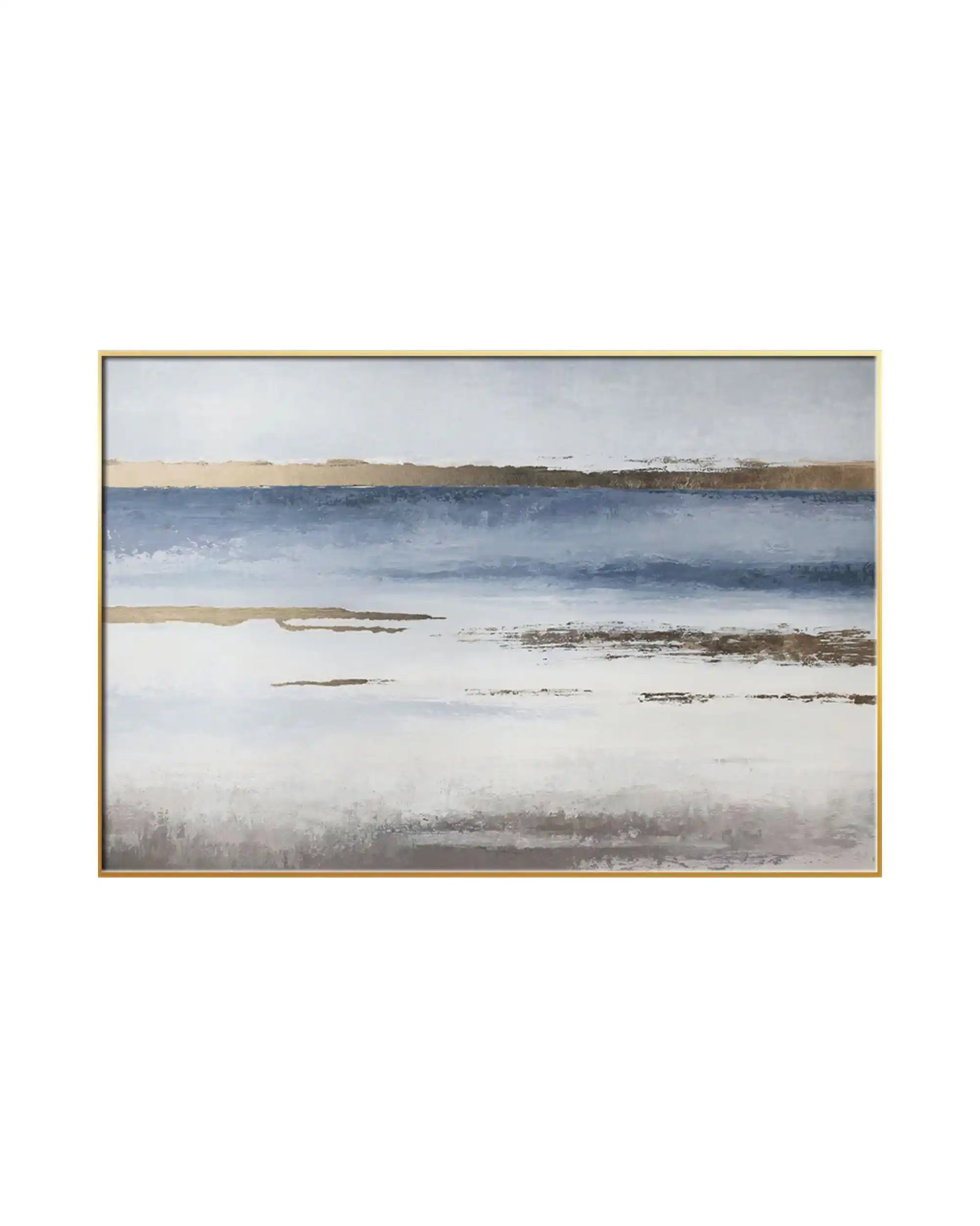 Horizontal canvas print featuring an abstract design with layered bands of blue, white, and soft grey accented by horizontal gold-colored textured streaks.