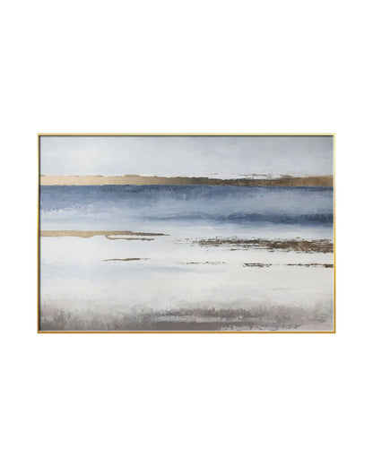 Horizontal canvas print featuring an abstract design with layered bands of blue, white, and soft grey accented by horizontal gold-colored textured streaks.