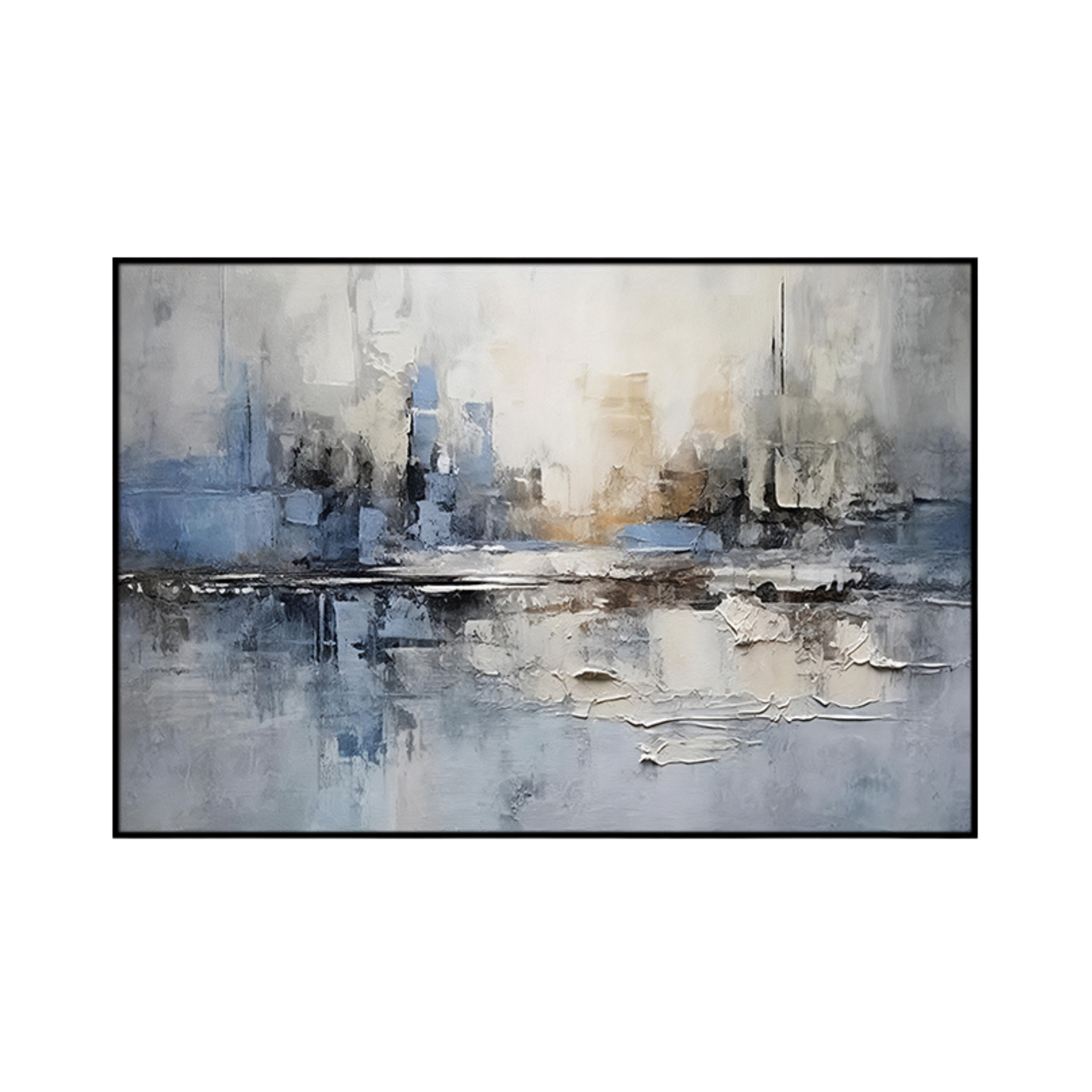 An 80x120 cm blue and grey abstract canvas print wall art panel depicting a minimalist misty urban cityscape, skyline block structures, and soft waterfront water reflections for modern living room decor.