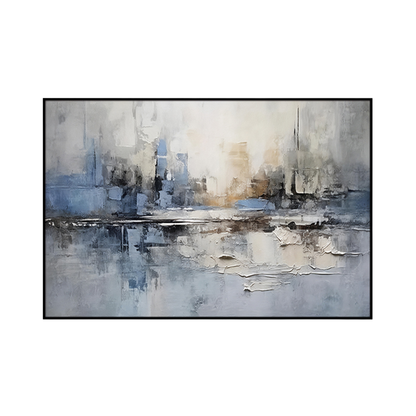 An 80x120 cm blue and grey abstract canvas print wall art panel depicting a minimalist misty urban cityscape, skyline block structures, and soft waterfront water reflections for modern living room decor.