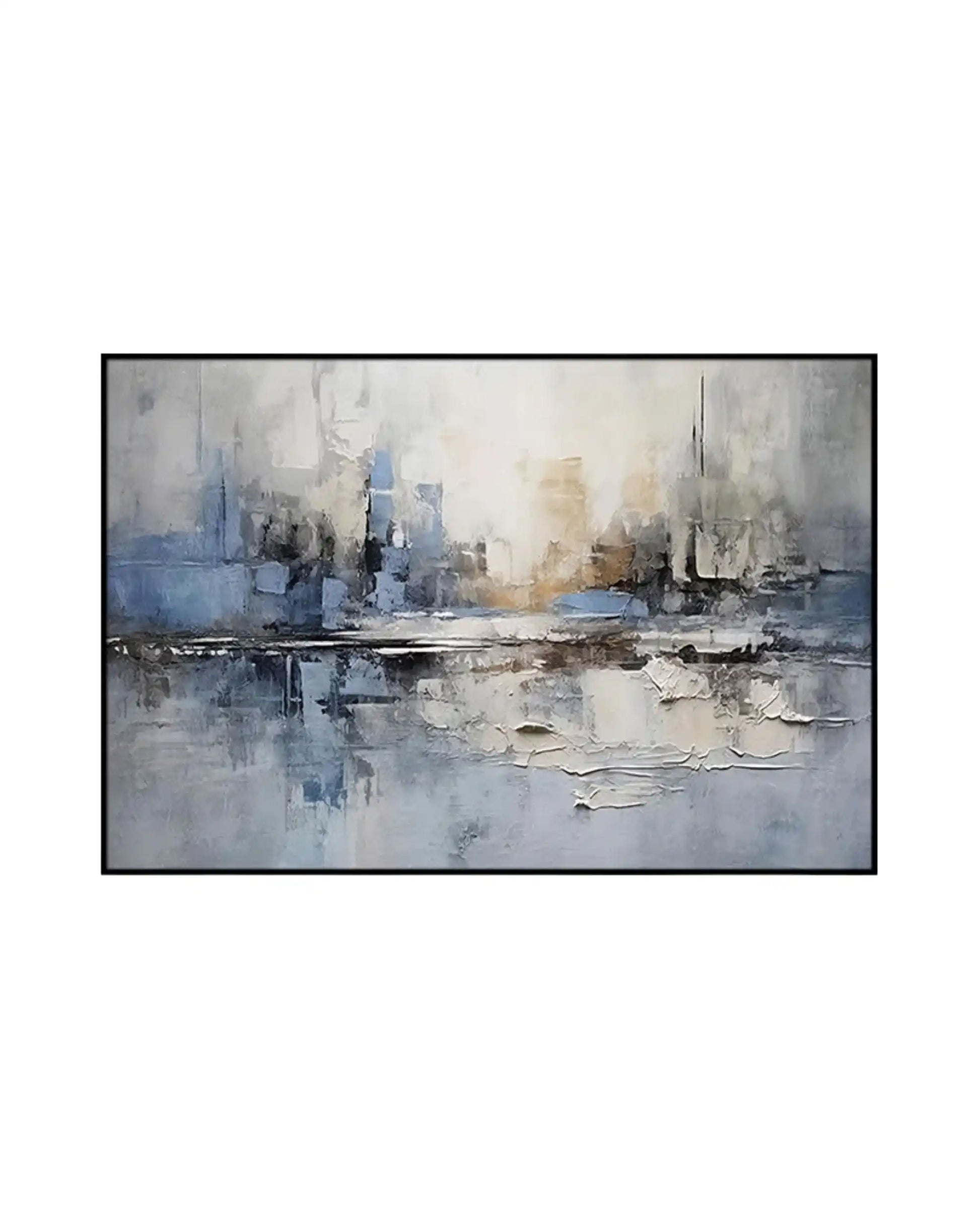 Horizontal canvas print featuring an abstract cityscape skyline in shades of slate blue, grey, cream, and beige with a thin black frame.
