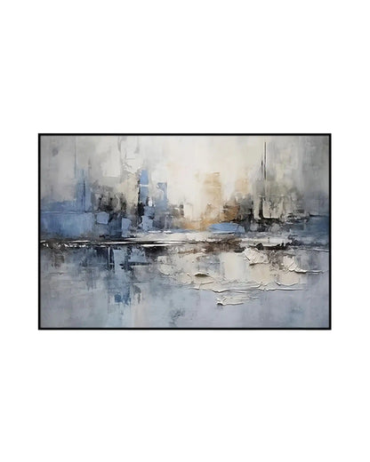 Horizontal canvas print featuring an abstract cityscape skyline in shades of slate blue, grey, cream, and beige with a thin black frame.