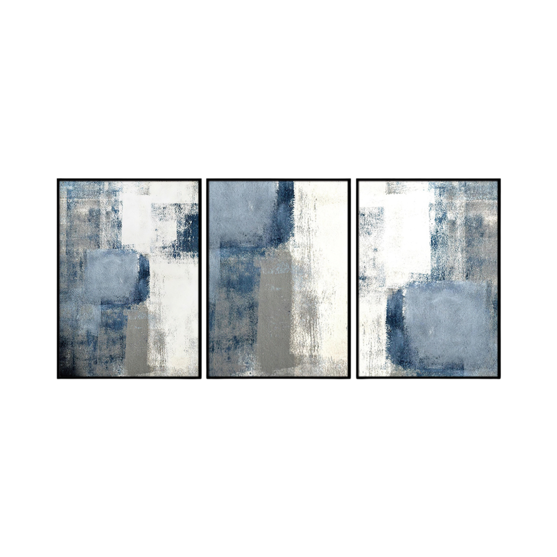 Three 50x70 cm blue grey and white abstract canvas print wall art panels depicting minimalist layered color blocks, distressed overlays, and geometric structures for modern Japandi living room decor.
