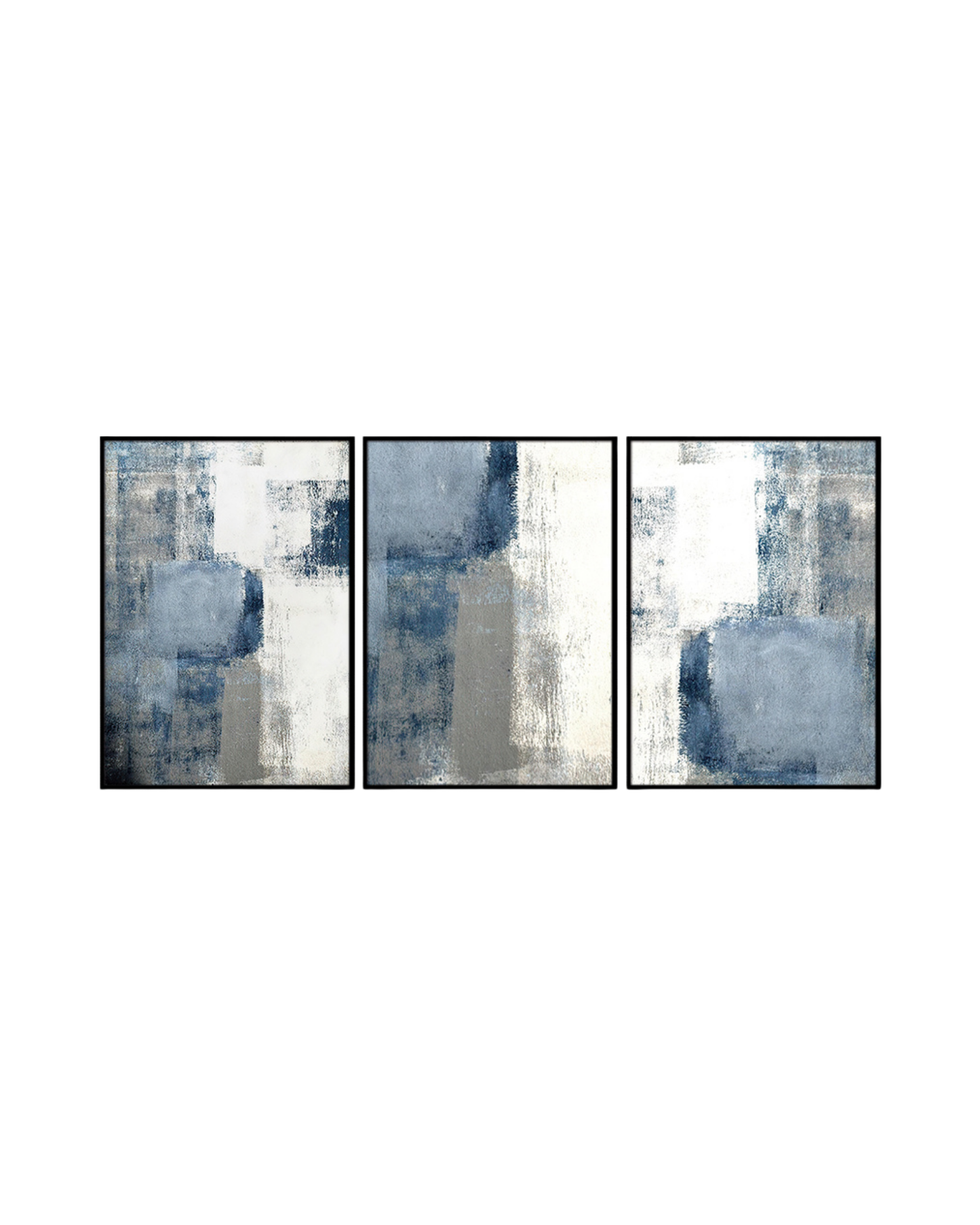 Set of three abstract art pieces with blue and gray tones on a white background