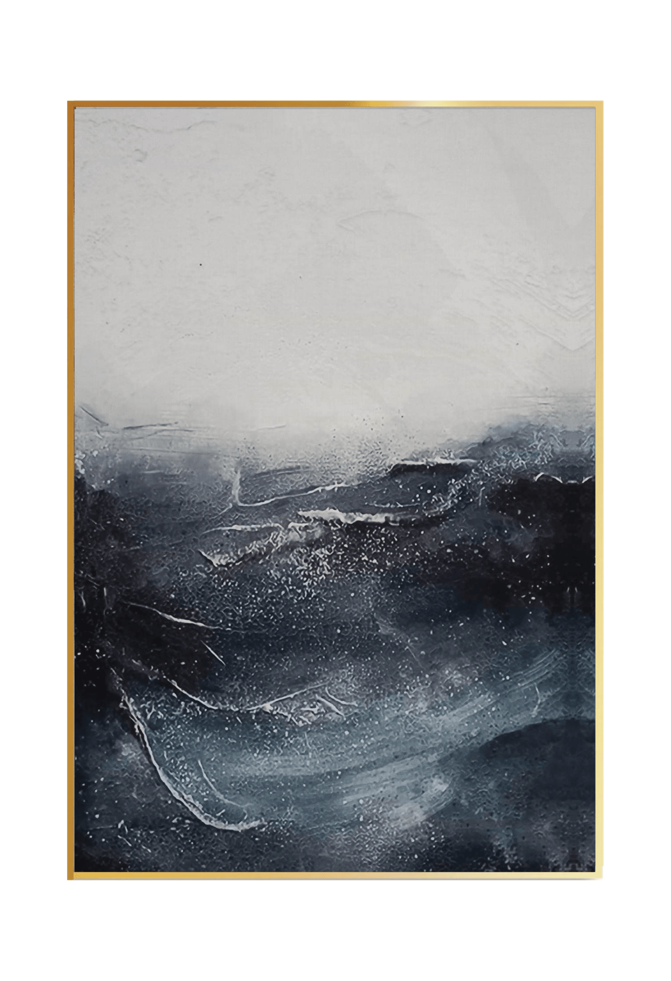 An 80x120 cm blue and white abstract canvas print wall art panel depicting a minimalist printed design of sweeping dark indigo wave layers, charcoal textures, and a light gradient backdrop for modern living room decor.