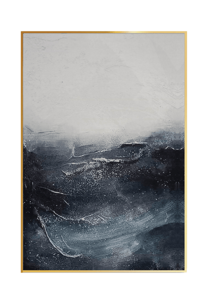 An 80x120 cm blue and white abstract canvas print wall art panel depicting a minimalist printed design of sweeping dark indigo wave layers, charcoal textures, and a light gradient backdrop for modern living room decor.