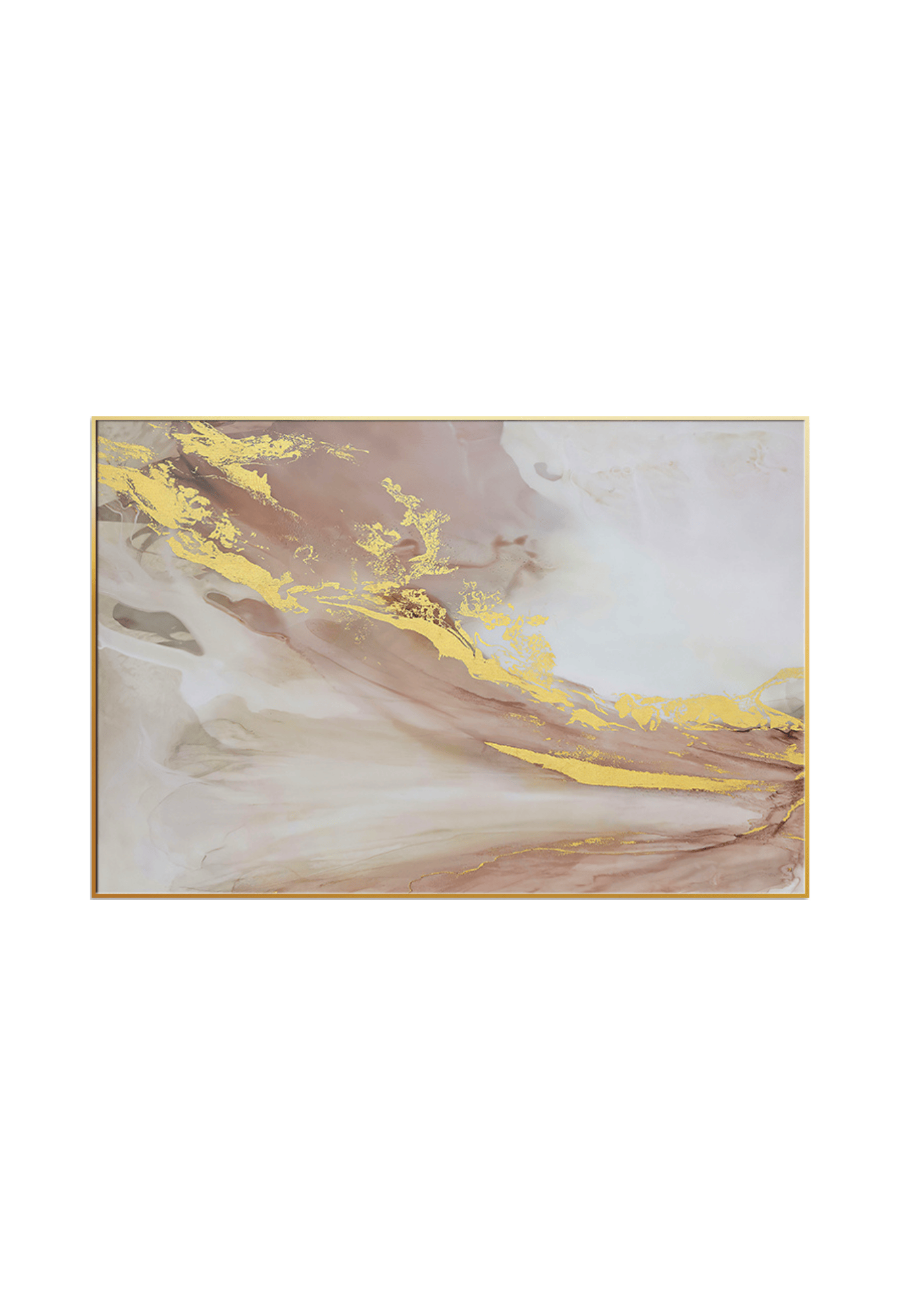 An 80x120 cm blush pink and gold abstract canvas print wall art panel depicting minimalist flowing rose wave paths, cream marble structures, and flat yellow gold accent borders for modern living room decor.