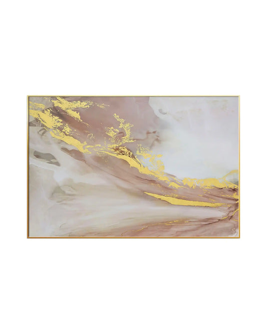 Horizontal canvas print featuring an abstract fluid marble design with sweeping waves of dusty pink, mauve, beige, and white, accented by gold-colored veins.