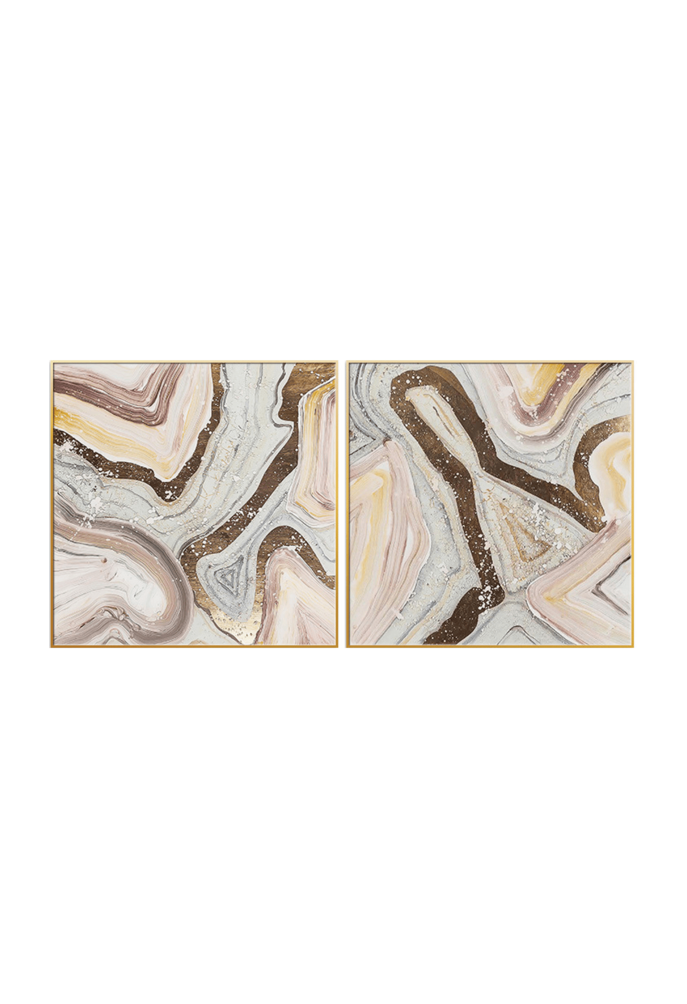 Two 80x80 cm blush pink and gold abstract canvas print wall art panels depicting minimalist organic agate crystal veins, mineral geode swirls, and marble paths for modern living room decor.