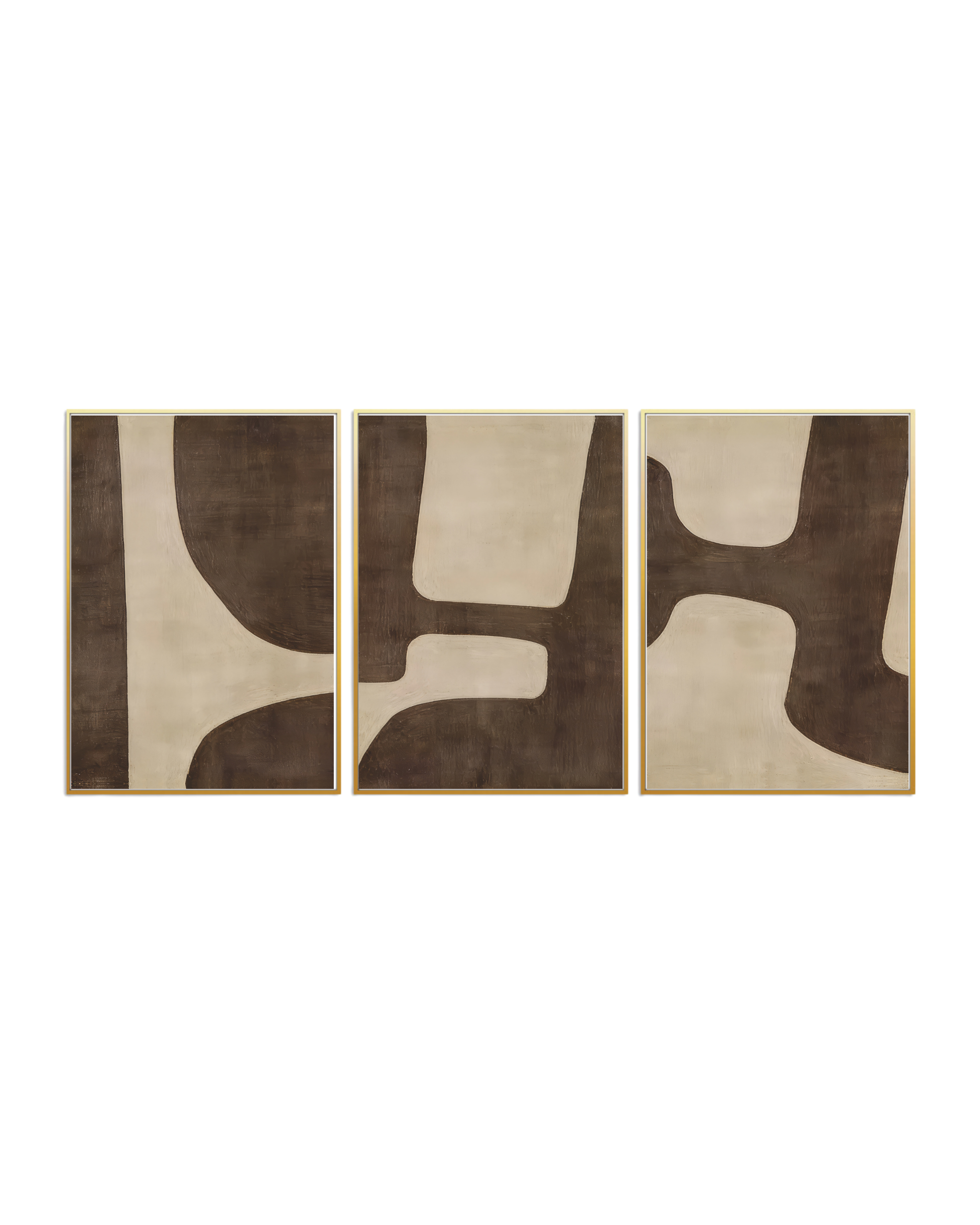 An abstract organic 3-panel triptych canvas wall art print set depicting minimalist puzzle-like interlocking shapes in deep espresso brown, mocha, and cream for modern home decor.