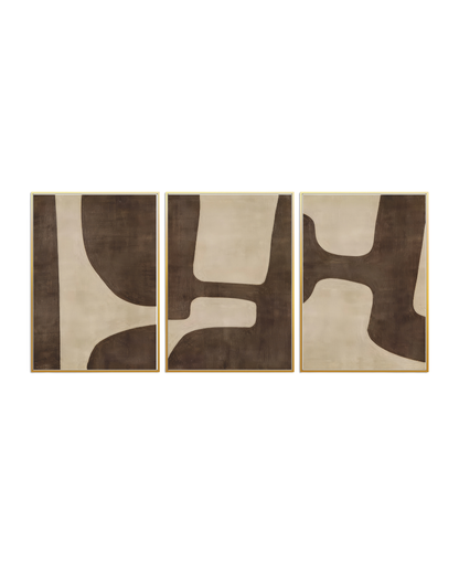 An abstract organic 3-panel triptych canvas wall art print set depicting minimalist puzzle-like interlocking shapes in deep espresso brown, mocha, and cream for modern home decor.