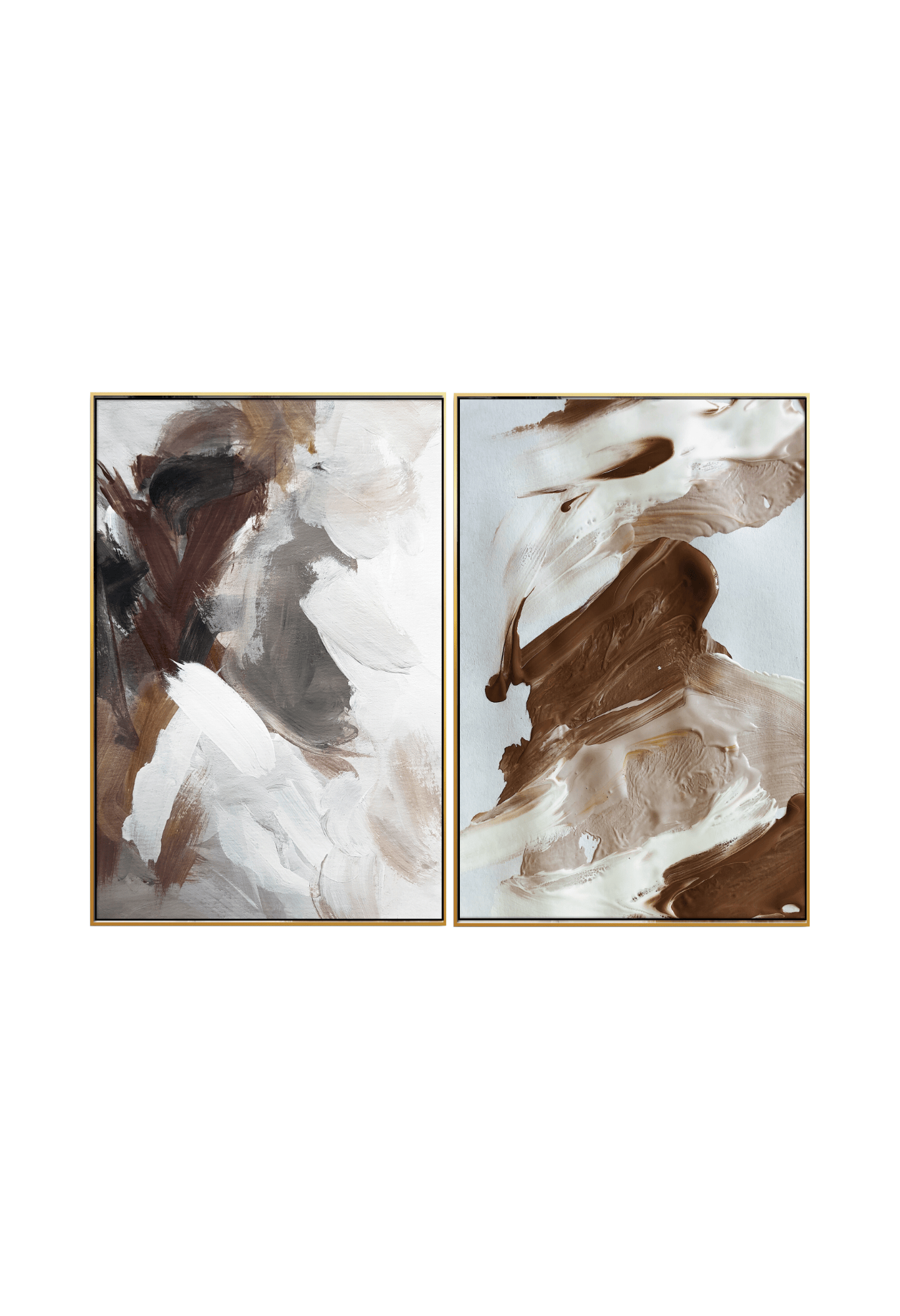 Two 60x90 cm brown and beige abstract canvas print wall art panels depicting minimalist fluid brushstrokes, earth-toned shapes, and neutral watercolor accents for modern Japandi living room decor.