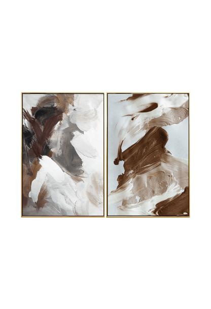 Two 60x90 cm brown and beige abstract canvas print wall art panels depicting minimalist fluid brushstrokes, earth-toned shapes, and neutral watercolor accents for modern Japandi living room decor.