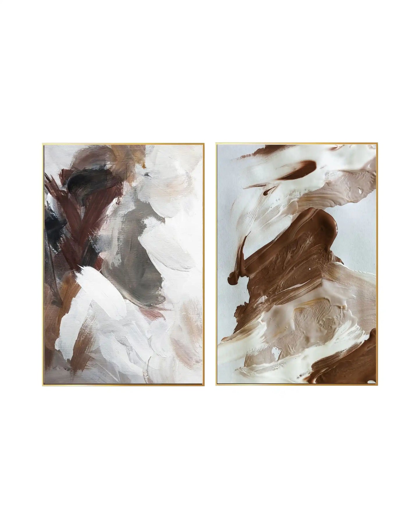 An abstract expressionist diptych featuring heavy, textured brushstrokes in an organic, earthy color palette. The composition blends thick patches of chocolate brown, warm taupe, and creamy beige with stark white highlights on a neutral background. The gestural, layered paint application creates a dynamic sense of movement across both panels, which are enclosed in slim gold frames.