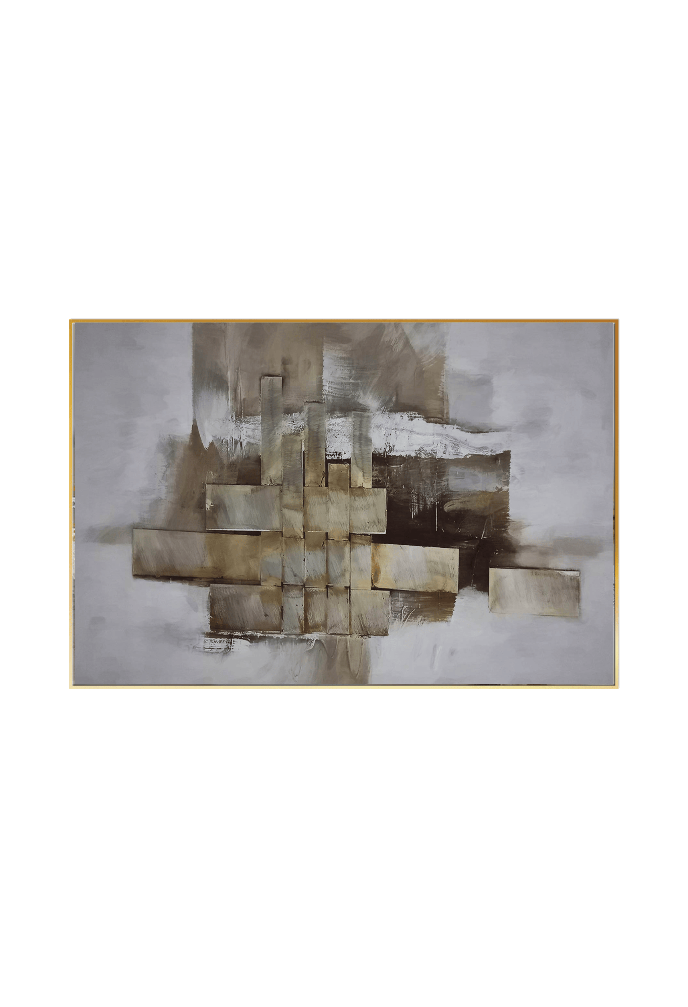 An 80x120 cm brown and beige abstract canvas print wall art panel depicting a minimalist central cluster of intersecting rectangular geometric blocks and neutral sand beige textures for modern living room decor.