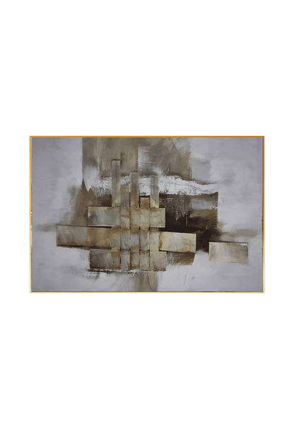 An 80x120 cm brown and beige abstract canvas print wall art panel depicting a minimalist central cluster of intersecting rectangular geometric blocks and neutral sand beige textures for modern living room decor.