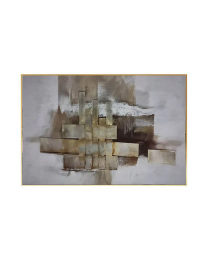 Horizontal canvas print featuring a geometric abstract design with intersecting woven blocks of gold-colored tones, brown, and dark charcoal grey over a white and beige background.