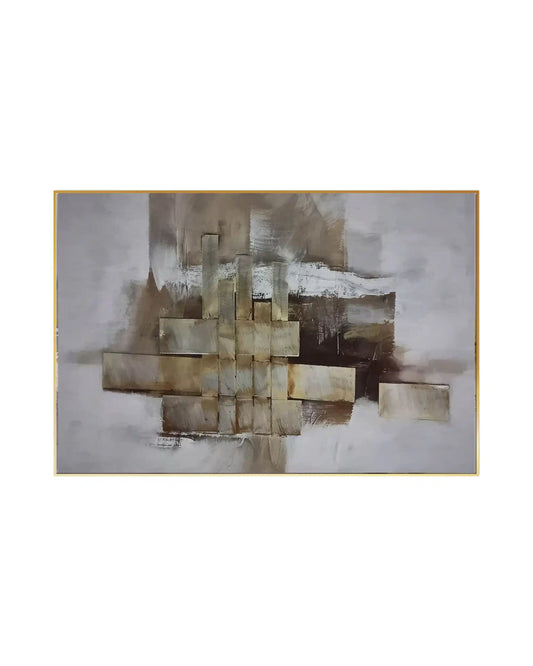 Horizontal canvas print featuring a geometric abstract design with intersecting woven blocks of gold-colored tones, brown, and dark charcoal grey over a white and beige background.