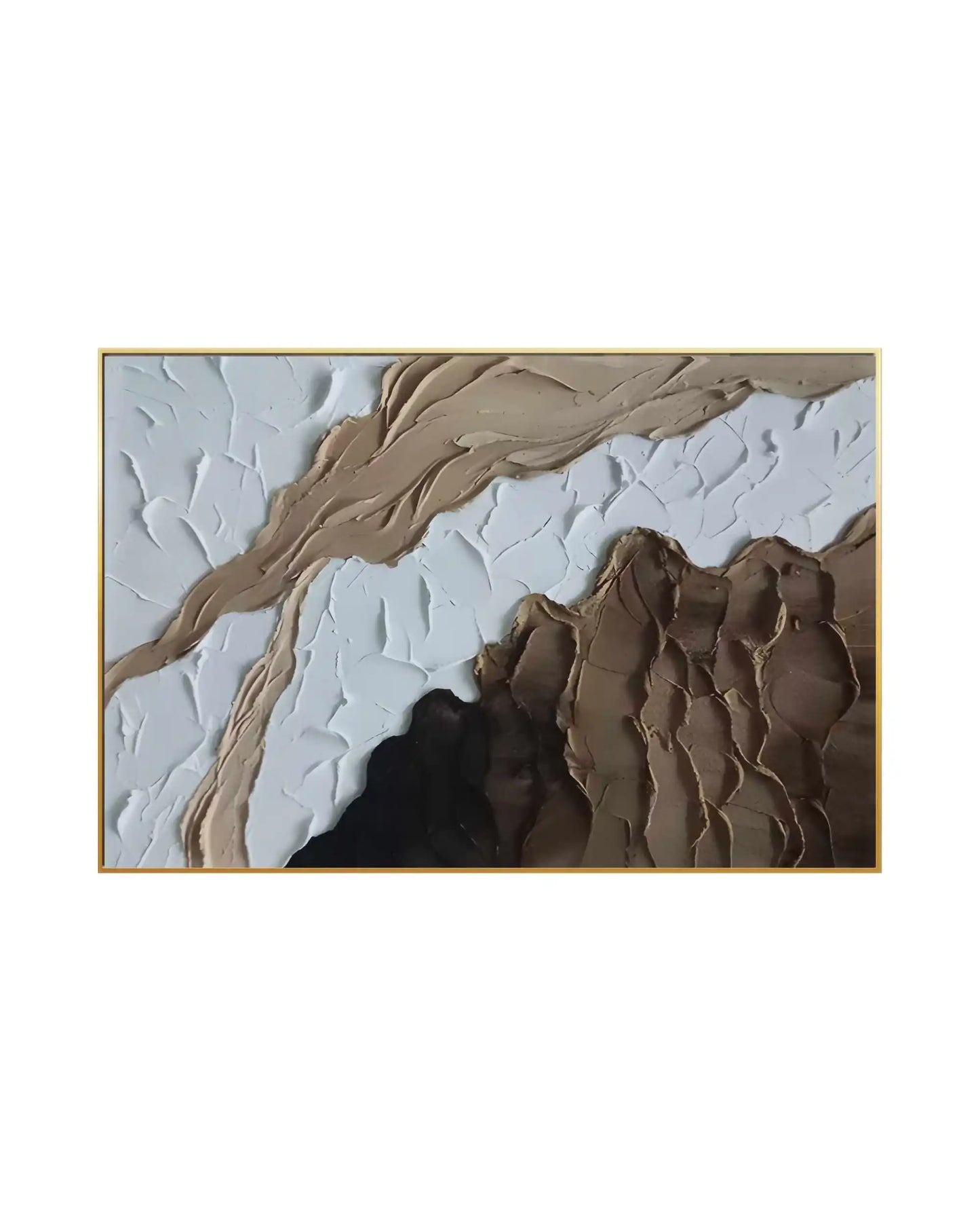 Horizontal canvas print featuring an abstract minimalist design with a printed heavy palette knife texture in shades of white, light beige, and deep brown.
