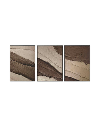 Set of three abstract art pieces with brown and beige tones on a cream background