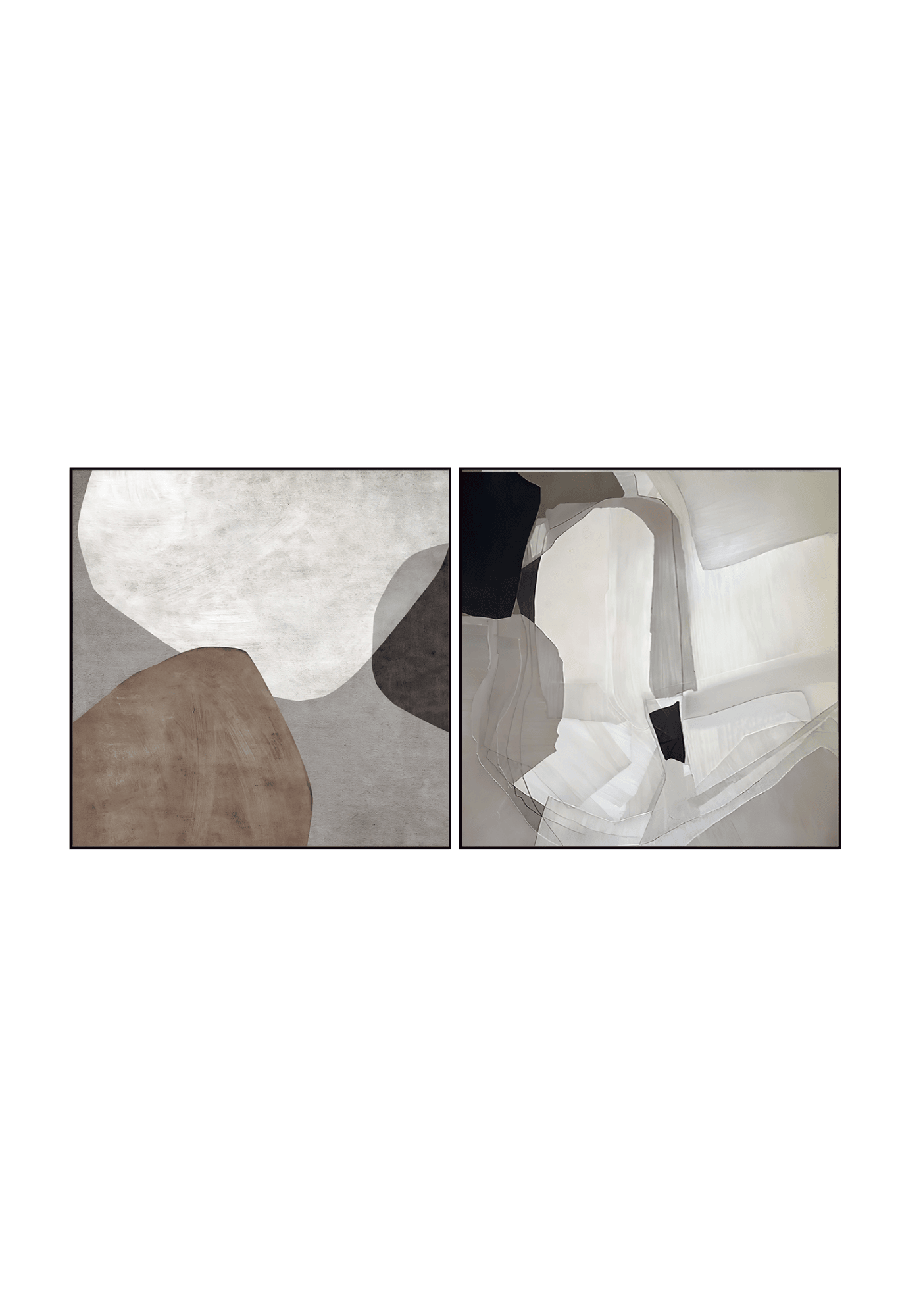 Two 100x100 cm brown beige and grey abstract canvas print wall art panels depicting minimalist organic pebble shapes and intersecting neutral color blocks for modern Japandi living room decor.
