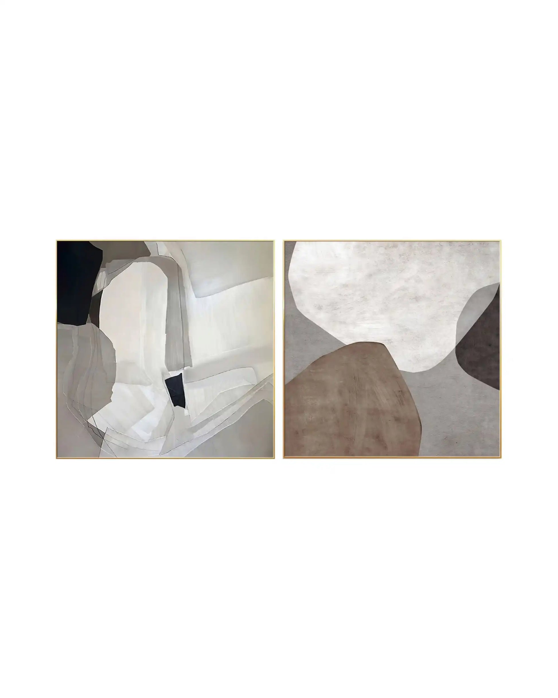 Modern minimalist abstract diptych wall art featuring overlapping organic shapes in a neutral color palette of beige, grey, taupe, and dark brown in gold frames.