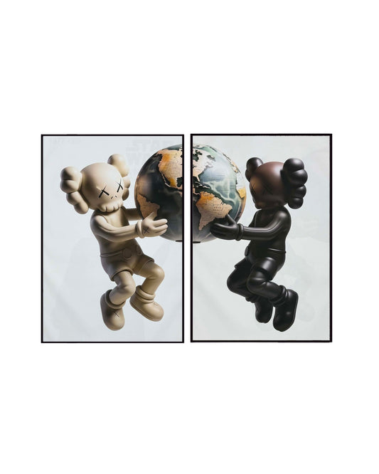 Set of two art pieces featuring KAWS companion figures holding a globe in brown and beige tones on a white background