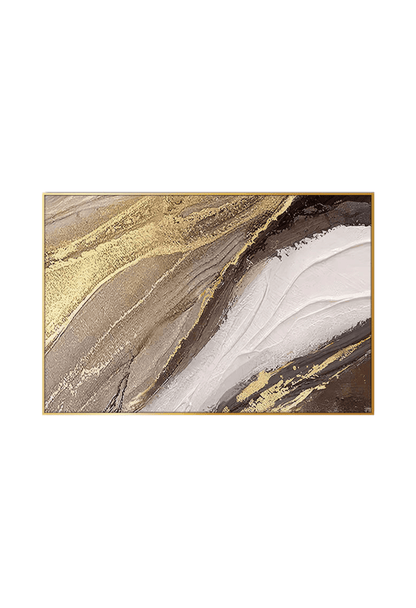 An 80x120 cm brown gold and white abstract canvas print wall art panel depicting minimalist diagonal marble waves, neutral taupe paths, and flat yellow gold bands for modern living room decor.