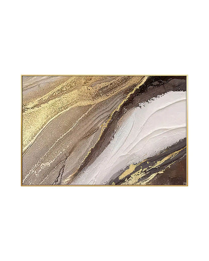 Horizontal canvas print featuring an abstract diagonal design with textured strokes of gold color, dark brown, taupe beige, and thick white paint.