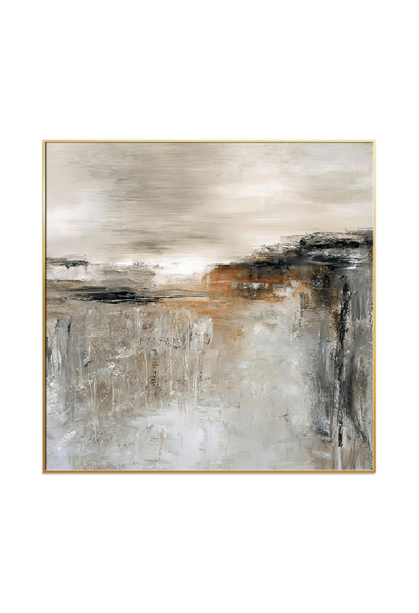 A 100x100 cm brown and grey abstract canvas print wall art panel depicting a minimalist printed design of horizontal neutral bands, warm brown patches, and a soft grey sky for modern living room decor.