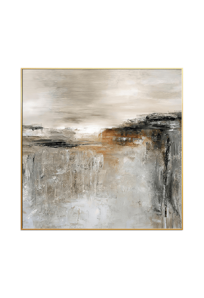 A 100x100 cm brown and grey abstract canvas print wall art panel depicting a minimalist printed design of horizontal neutral bands, warm brown patches, and a soft grey sky for modern living room decor.