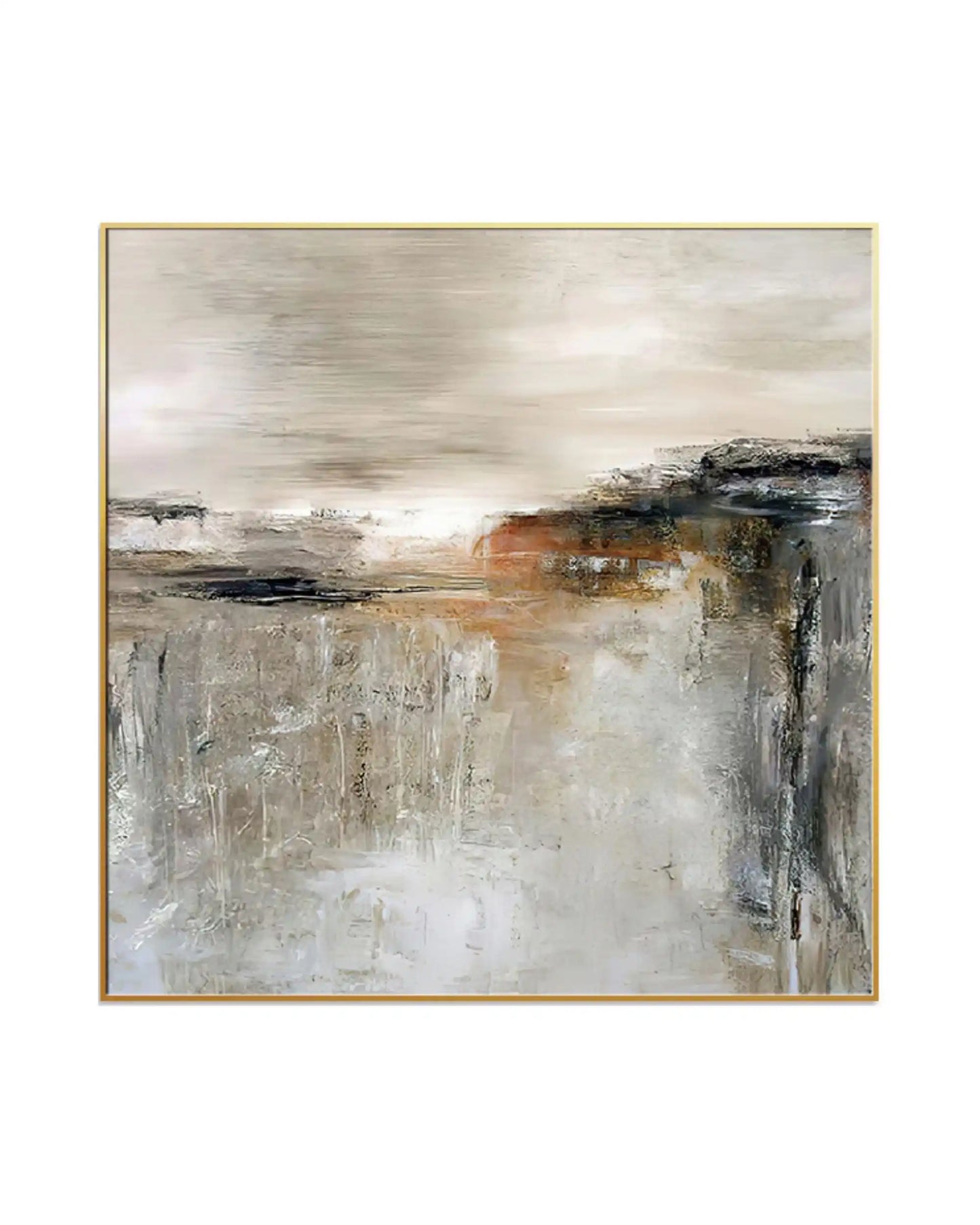 Large square abstract landscape painting in textured beige and charcoal gray with rust orange accents and gold frame.