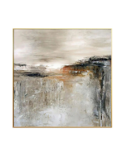 Large square abstract landscape painting in textured beige and charcoal gray with rust orange accents and gold frame.