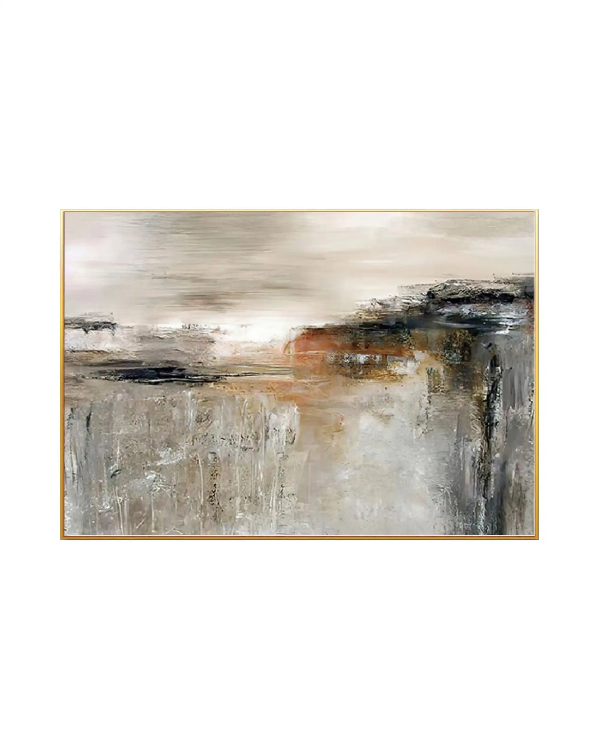 Horizontal canvas print featuring an abstract design with a heavily textured, weathered lower field in beige and grey, accented by a central band of terracotta orange and black under a smooth cream sky.