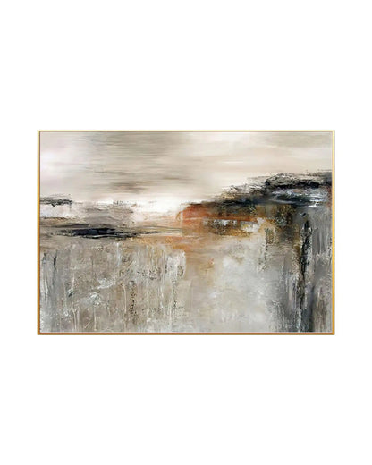Horizontal canvas print featuring an abstract design with a heavily textured, weathered lower field in beige and grey, accented by a central band of terracotta orange and black under a smooth cream sky.