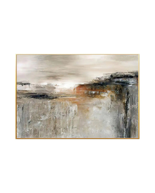 Horizontal canvas print featuring an abstract design with a heavily textured, weathered lower field in beige and grey, accented by a central band of terracotta orange and black under a smooth cream sky.