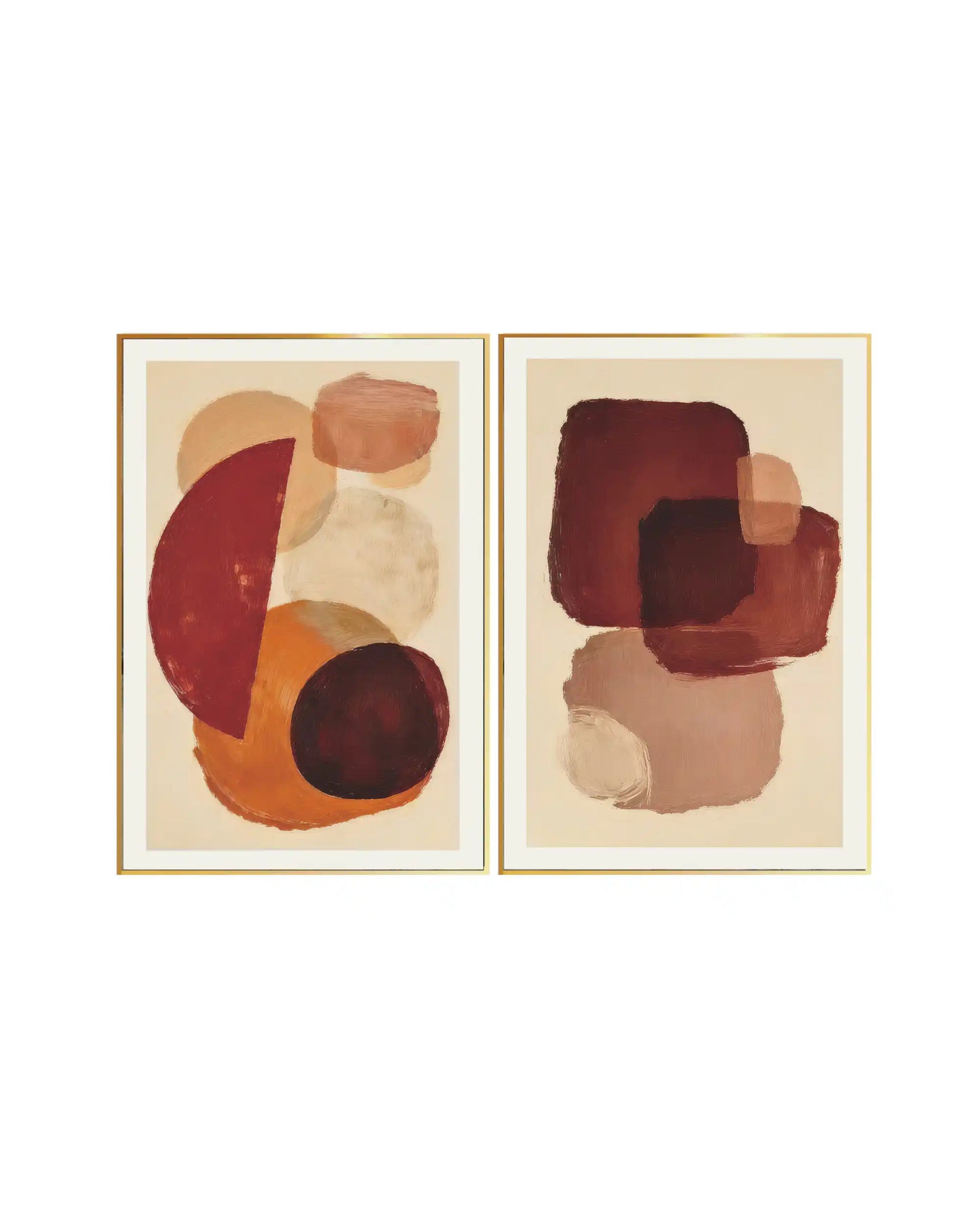 An abstract 2-panel diptych canvas wall art print set featuring textured burgundy, terracotta, and dusty rose geometric shapes on a warm cream background.