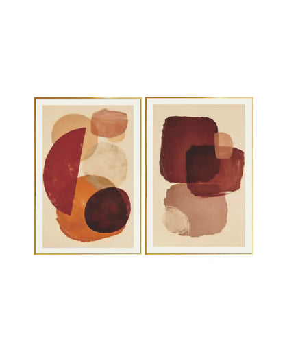 An abstract 2-panel diptych canvas wall art print set featuring textured burgundy, terracotta, and dusty rose geometric shapes on a warm cream background.