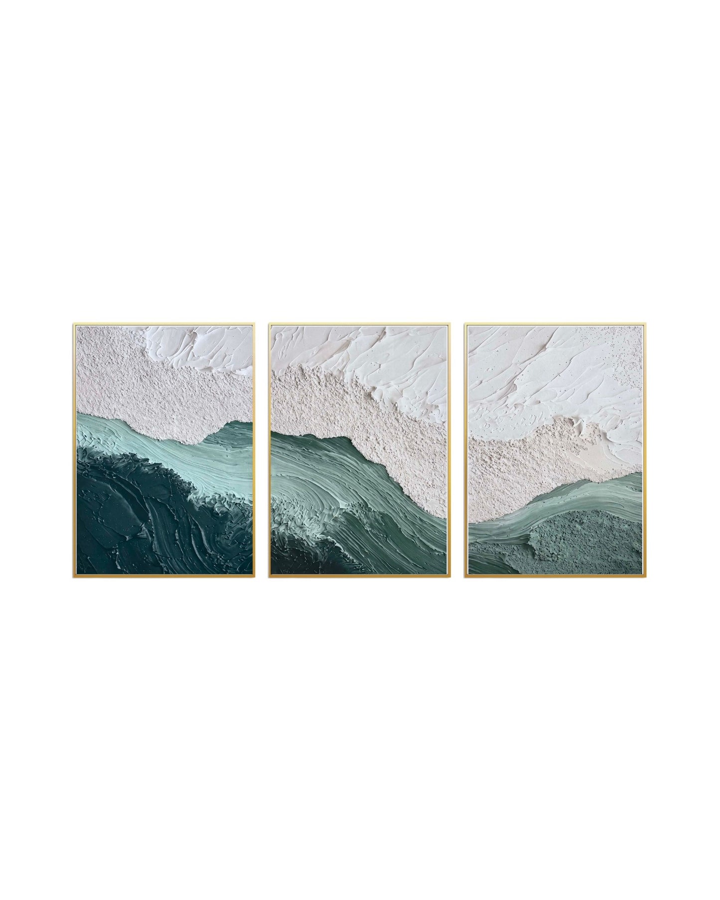 Set of three abstract art pieces with deep green and mint tones on a white background