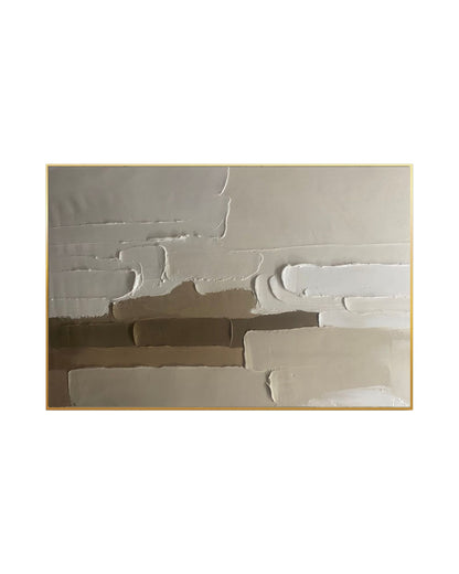 Minimalist abstract painting with heavy palette-knife textures, featuring blocky layers of white, beige, and warm taupe in a thin gold frame.