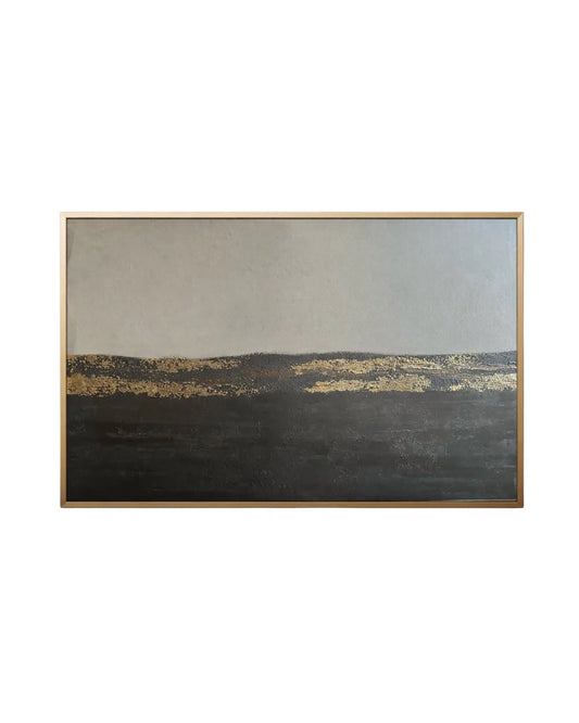 The Echoes of Stillness original hand-painted canvas wall art panel by Skye depicting an authentic textured landscape layout with a dark charcoal base, a soft grey upper field, and a shimmering horizontal gold foil horizon line for upscale living room decor.